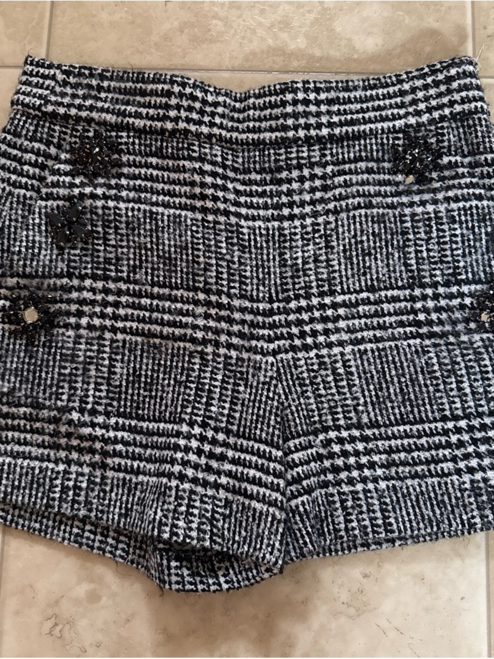 Zara Black & White Tweed High-Waist Shorts with Embellished Buttons